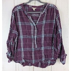 Bass Plus Size XXL Womens Purple Plaid Long Sleeve Button V Neck‎ Top